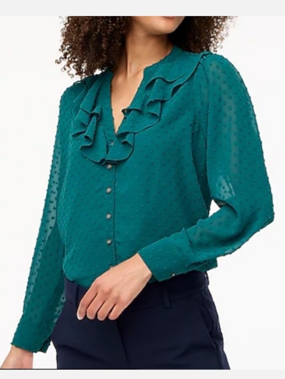 J.Crew Green Button Up Blouse Ruffles Puff Sleeves Size M Embroidered Rosettes